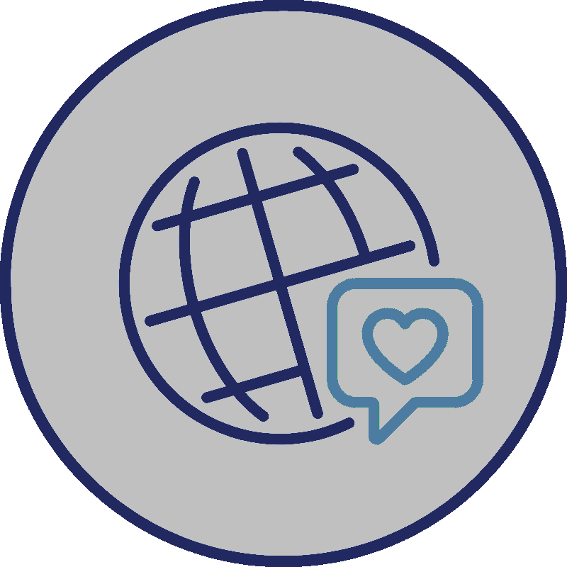 icon with a world and a speech bubble with a heart in it